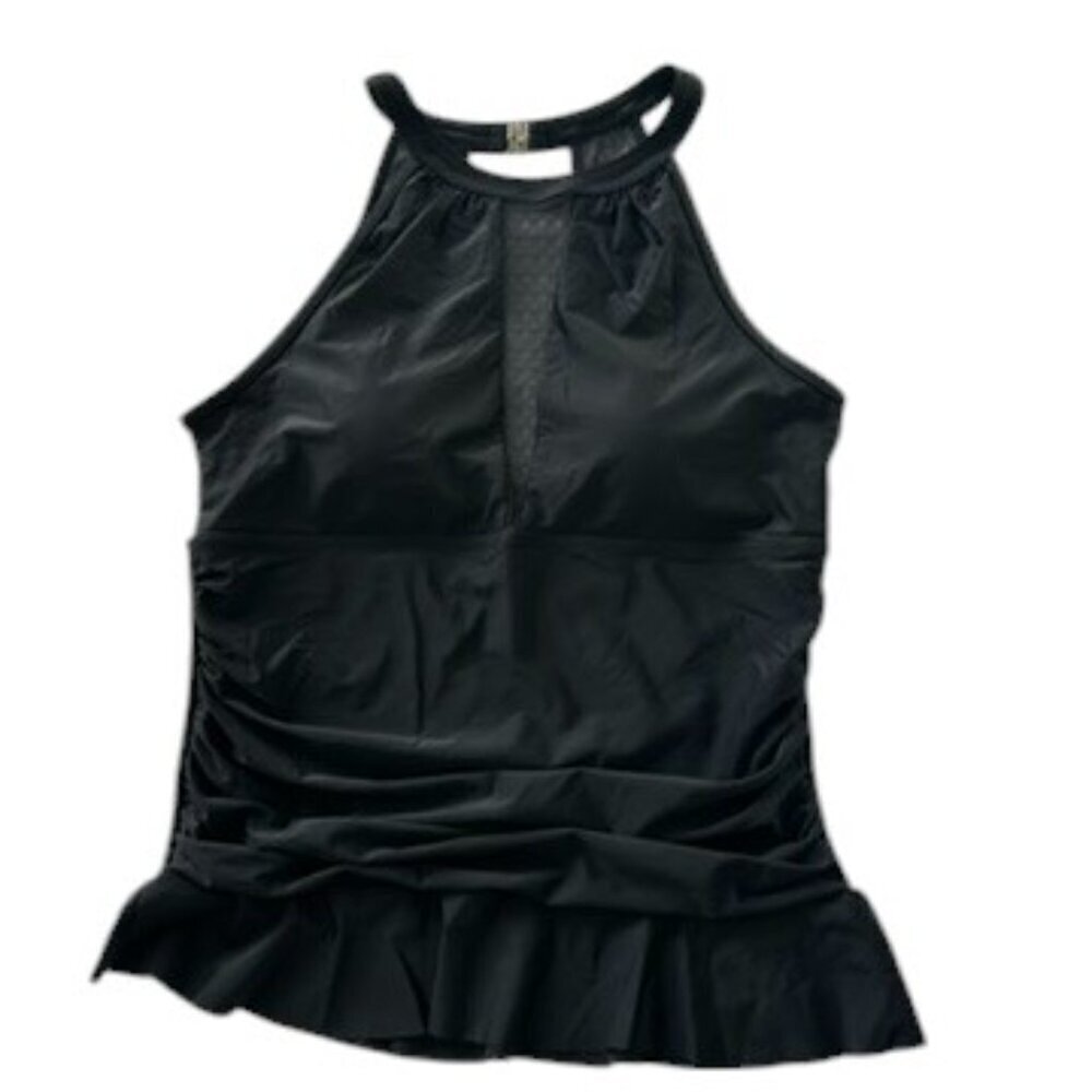 Beachsissi Black Halter Neck with Mesh Tankini Swim Top, XL